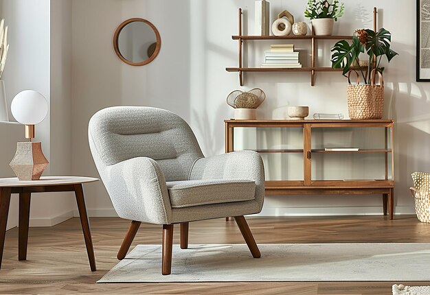 Foto de la decoración interior de la sala de estar con una silla de brazo de madera