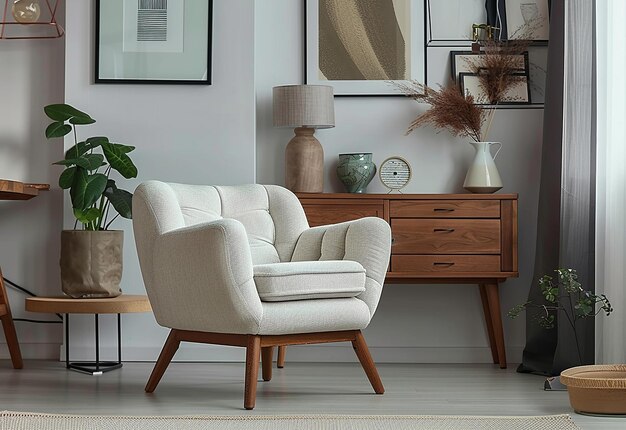 Foto de la decoración interior de la sala de estar con una silla de brazo de madera