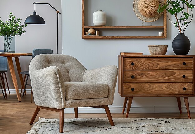 Foto de la decoración interior de la sala de estar con una silla de brazo de madera