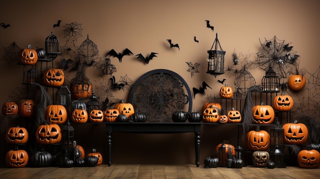 foto de decoraciones de halloween canastas de calabaza maíz dulce pajitas arañas web murciélagos fantasma