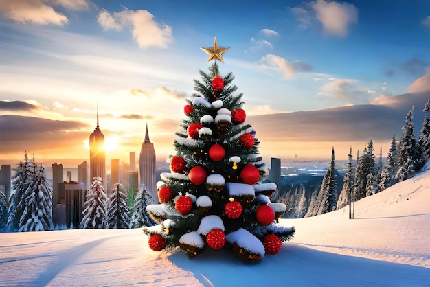 Foto dekorierter Weihnachtsbaum für das neue Jahr auf verschwommenem Stadtbild-Winterhintergrund