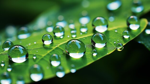 foto delantera de vista cercana hoja verde con gotas en color oscuro generado por IA