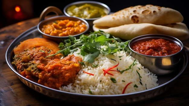 foto deliciosa comida indiana na bandeja gerada por IA