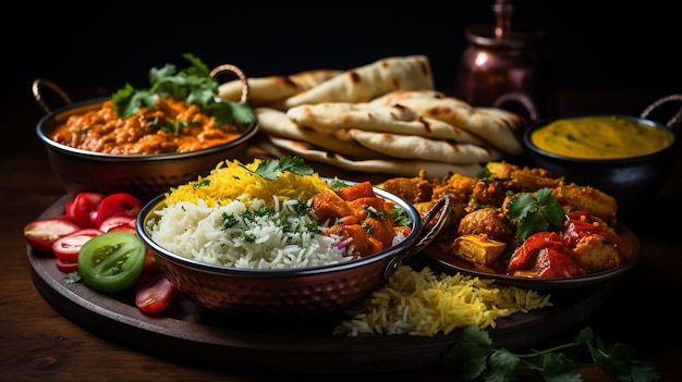 foto deliciosa comida indiana na bandeja gerada por IA