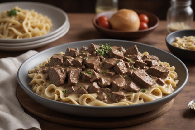 Una foto de una deliciosa comida de stroganoff de carne de res.