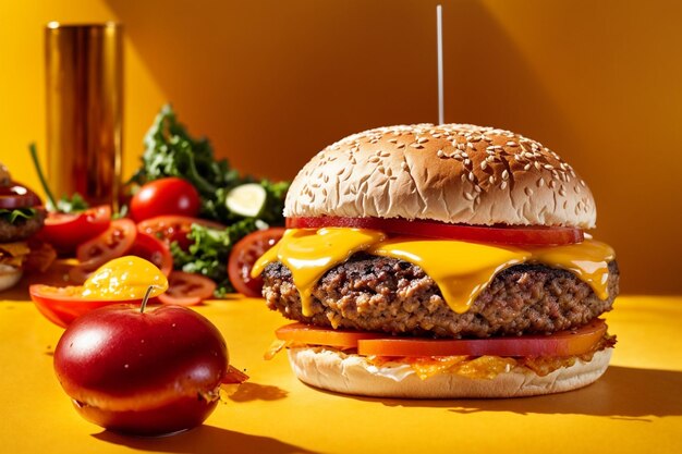 Foto foto deliciosa hamburguesa en fondo amarillo aislado