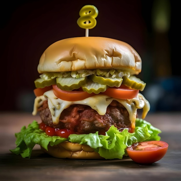 Foto de una deliciosa hamburguesa con pepinillos de queso lechuga y tomate