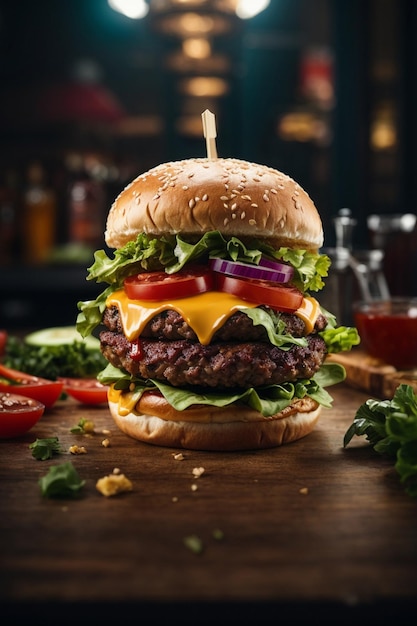 Una foto de una deliciosa hamburguesa de ternera y patatas fritas con queso.