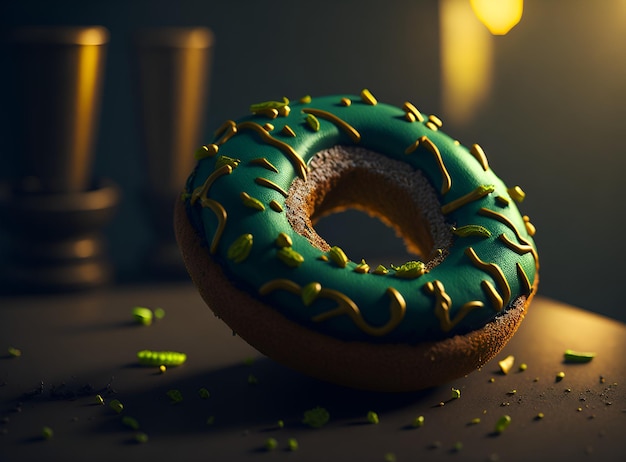 Foto de una deliciosa rosquilla verde en una mesa de madera