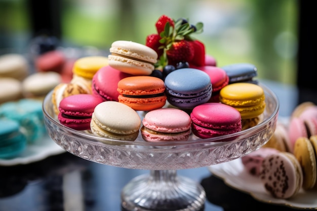 Foto de una deliciosa variedad de macarrones coloridos en una mesa de postres IA generativa