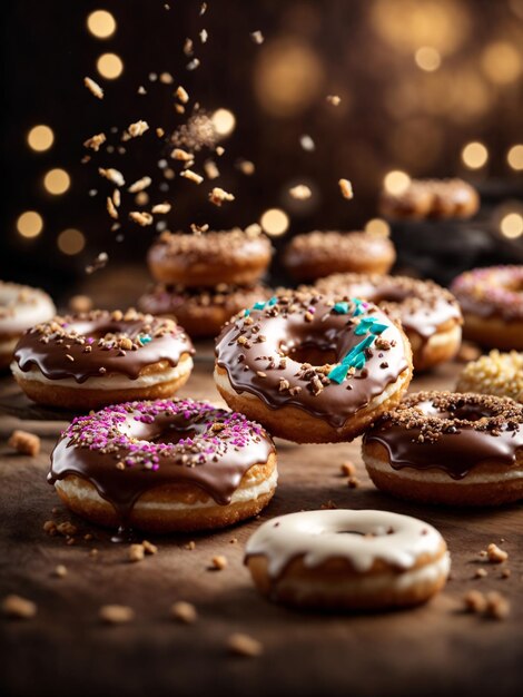 Foto de deliciosas donas, fotografía cinematográfica de alimentos de varios sabores.