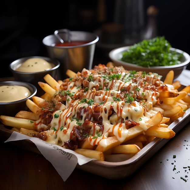 foto de Deliciosas y suntuosas papas fritas con trocitos de tocino con ketchup de queso fundido y mayonesa