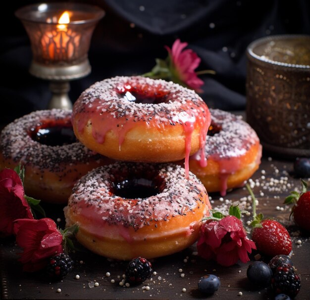 Una foto de un delicioso arreglo de rosquillas esmaltadas