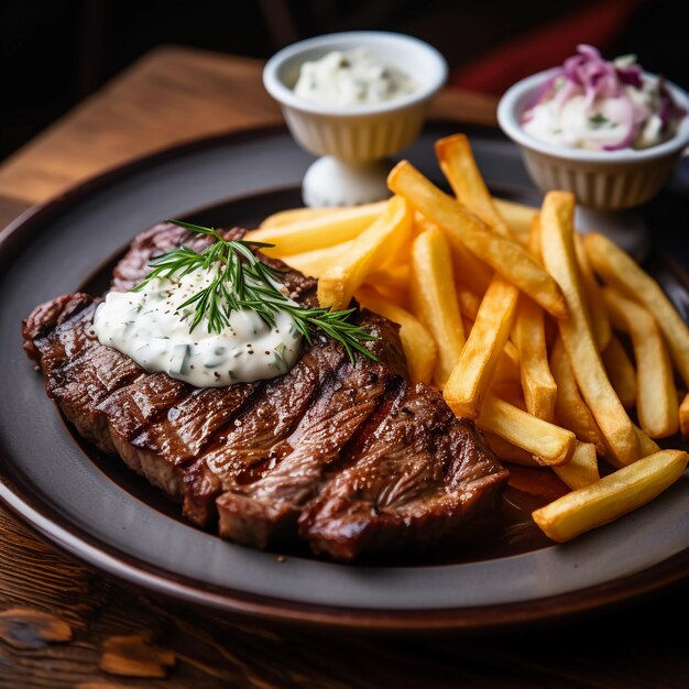 foto de un delicioso bistec mediano con papas fritas y crema agria