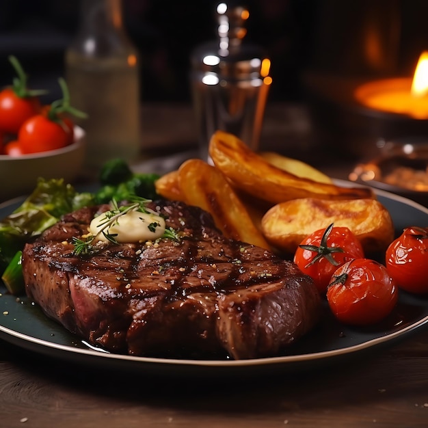 foto de un delicioso filete mediano con papas fritas y vegetales asados el filete queda perfecto mediano y