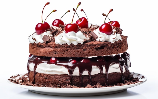 Foto de delicioso pastel de chocolate y rebanadas de pastel con cerezas