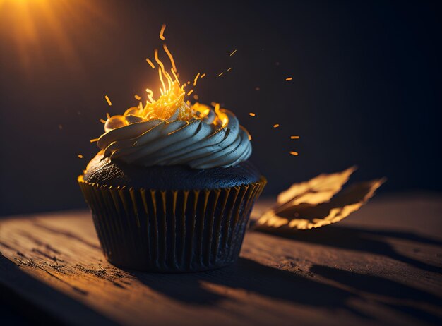 Foto de un delicioso pastel con glaseado blanco esponjoso y salpicaduras de colores