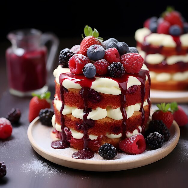 Foto de un delicioso pastel de terciopelo rojo con frutos rojos.