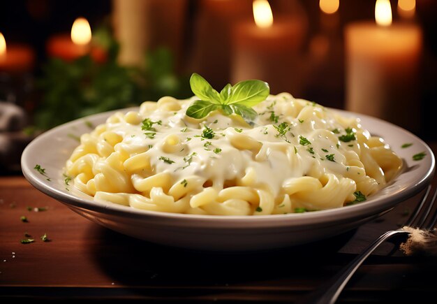 Foto foto delicioso plato de fideos con leche y hojas en él