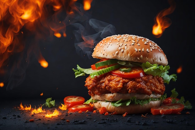 Foto deliciosos anuncios de hamburguesas de pollo frito picante con fuego ardiente sobre fondo oscuro
