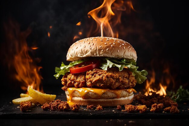 Foto deliciosos anuncios de hamburguesas de pollo frito picante con fuego ardiente sobre fondo oscuro