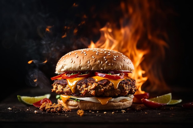 Foto deliciosos anuncios de hamburguesas de pollo frito picante con fuego ardiente sobre fondo oscuro