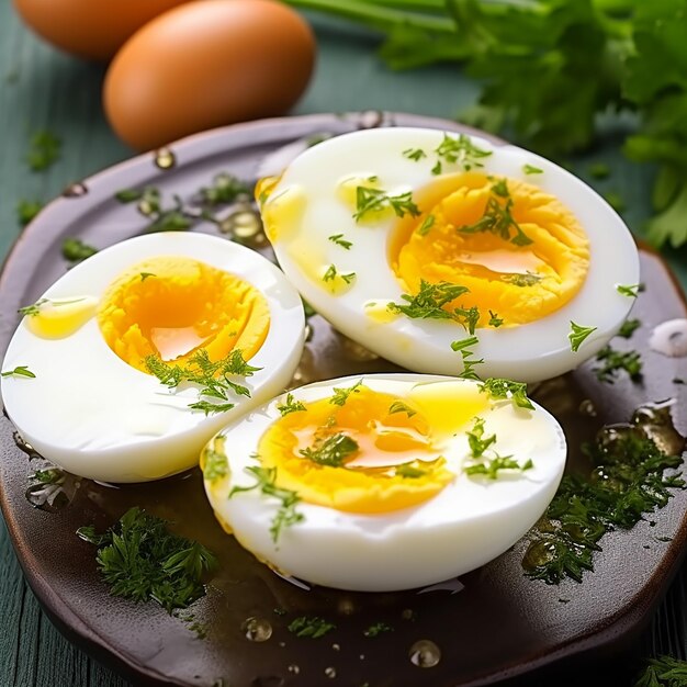 Foto de deliciosos huevos cocidos y rebanadas de huevos