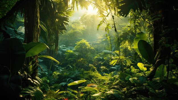 Una foto de una densa jungla con luz solar dorada verdes y amarillos vibrantes