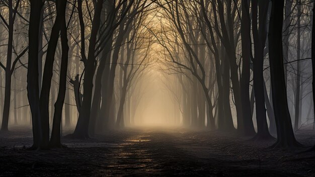 Una foto de una densa niebla con siluetas de árboles como telón de fondo inquietante