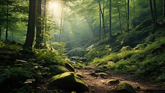 Una foto de un denso follaje de bosque de montaña