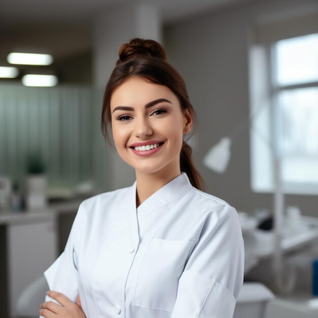 Foto de un dentista joven feliz y sonriente en un consultorio o clínica dental moderna