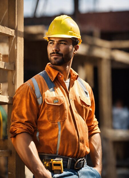 Foto der Baumeister in einer Bauweste und orangefarbenem Helm, der auf dem Studio-Hintergrund steht