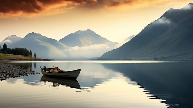 Foto der Bergnatur mit Boot im See und in den Bergen