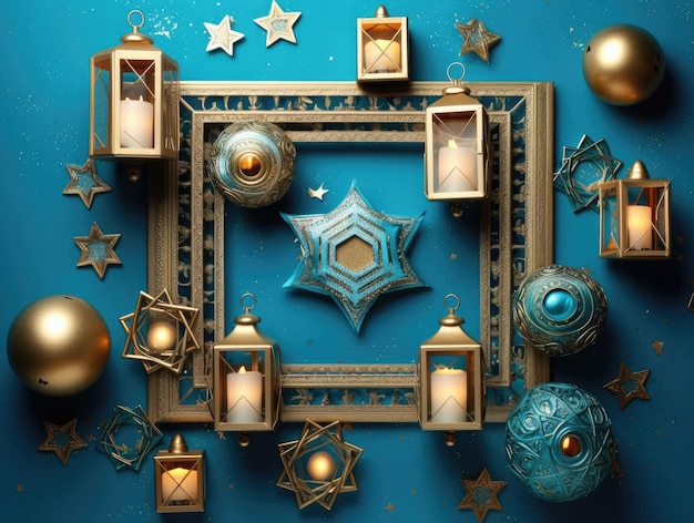 Foto der Chanukka-Feier auf blauem Hintergrund mit goldenen und türkisfarbenen Laternen und Rahmen für Text