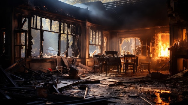 Foto der Folgen eines Hausbrandes. Zerstörtes Hausinneres im Gebäude nach einem Brand. Verbrannte Wände und Möbel