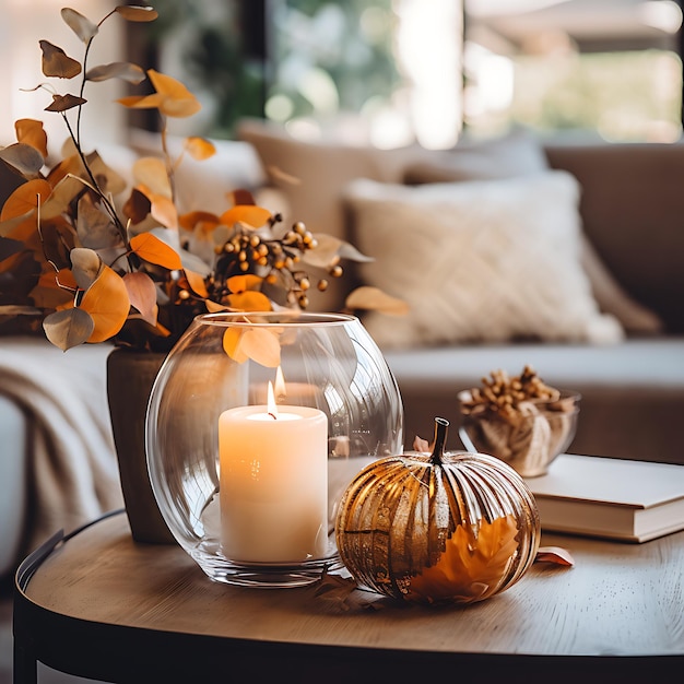 Foto der Herbstdekoration Stilvolle Herbstdekoration mit Kürbisblättern und Kerzen in einem modernen Ambiente