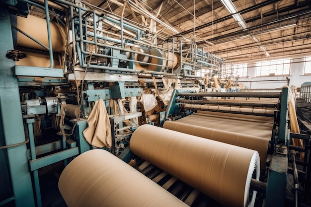 Foto der Innenansicht der Textilfabrik mit Blick auf die Fließbandproduktion. Fotografie KI-generiert