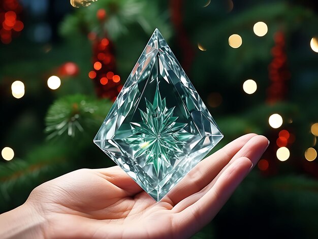 Foto foto der kristall-diamant-förmigen karte, die an einem immergrünen baumzweig angebracht ist