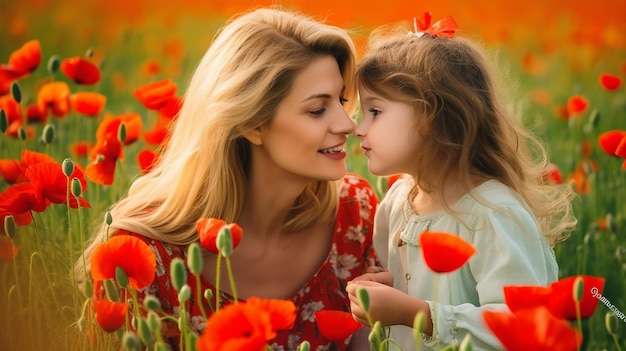 Foto der Liebe von Mutter und Tochter in einer wunderschönen Mohnblumen-Naturlandschaft