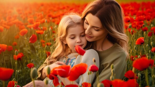 Foto der Liebe von Mutter und Tochter in einer wunderschönen Mohnblumen-Naturlandschaft