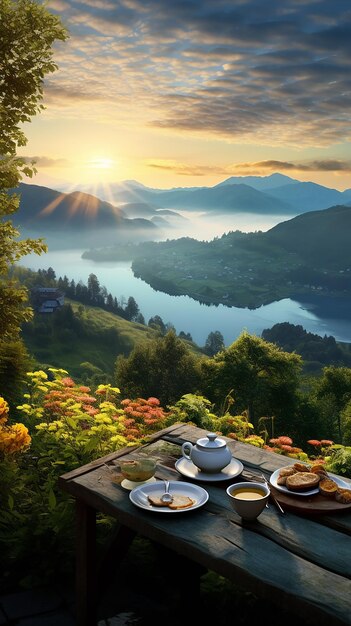 Foto der Morgennatur mit Tee- oder Kaffeetasse mit wunderschönen Blumen und Sonnenschein