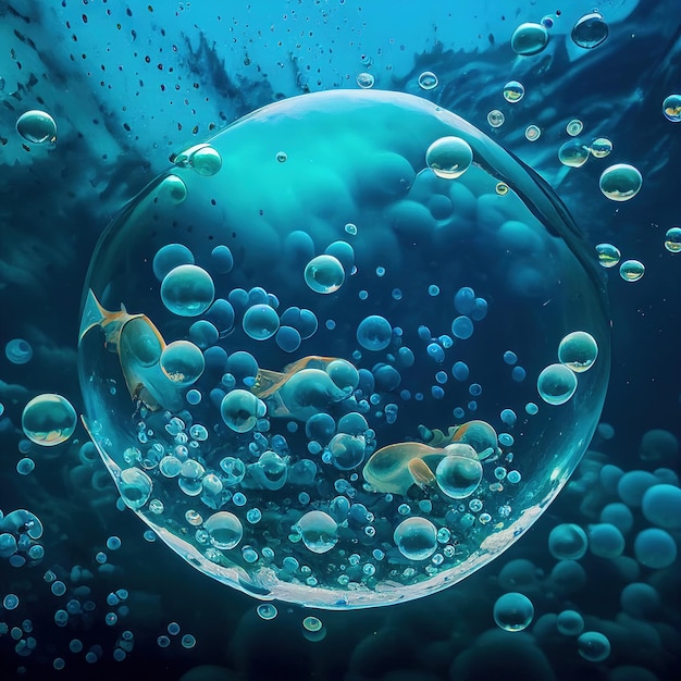 Foto der Oberflächenstruktur eines transparenten, klaren, blauen Wasser-Abstraktbanners mit Blasenspritzern und Wellen