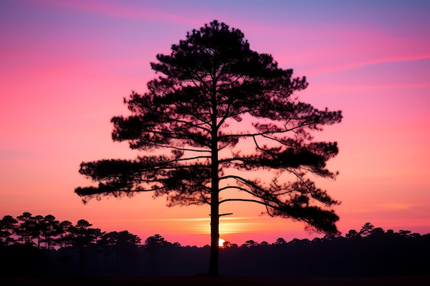 Foto der Silhouette eines Kiefernbaums vor einem rosa Sonnenuntergang
