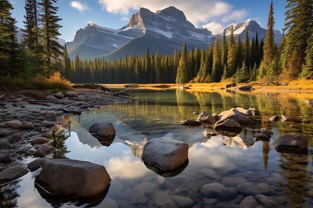 Foto der Spiegelung der Berge in einer ruhigen, friedlichen Landschaft des Sees