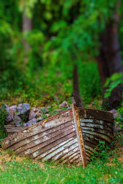 Foto des alten rostigen Bootes im Wald nahe dem Fluss