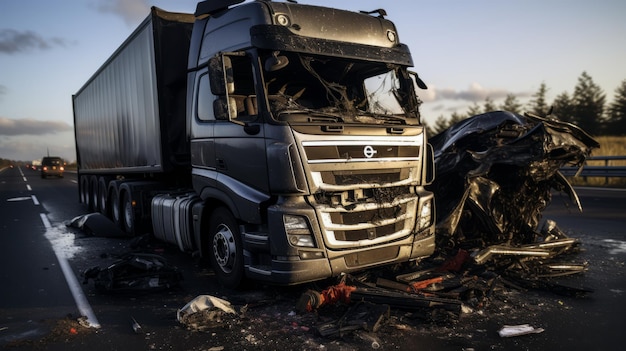 Foto des beschädigten Lastwagens nach einem Unfall auf der Autobahn