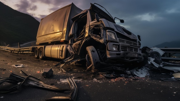 Foto des beschädigten Lastwagens nach einem Unfall auf der Autobahn