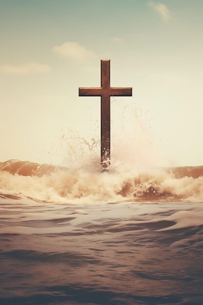 Foto des Heiligen Kreuz-Symbols mit wellenförmiger, friedlicher Strandszene mit Karfreitags-Osterpalmenkunst