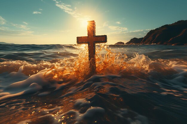 Foto des Heiligen Kreuz-Symbols mit wellenförmiger Strand-Sonnenuntergang-Szene mit W Karfreitags-Osterpalmen-Kunst