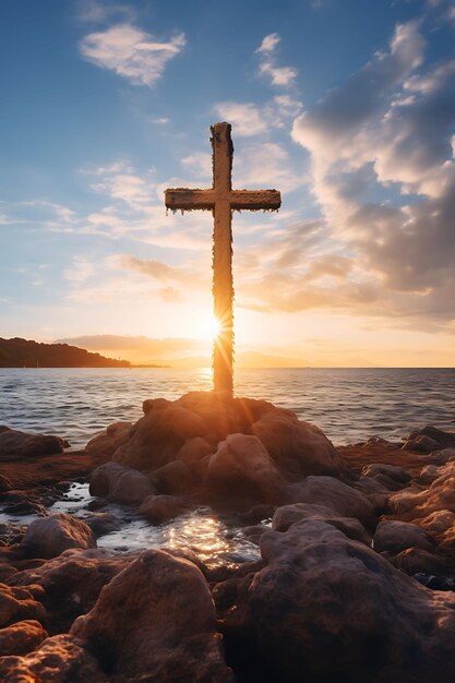 Foto des Heiligen Kreuz-Symbols mit wolkenförmigem Sonnenaufgang über dem Strand S Karfreitag Ostern Palmenkunst